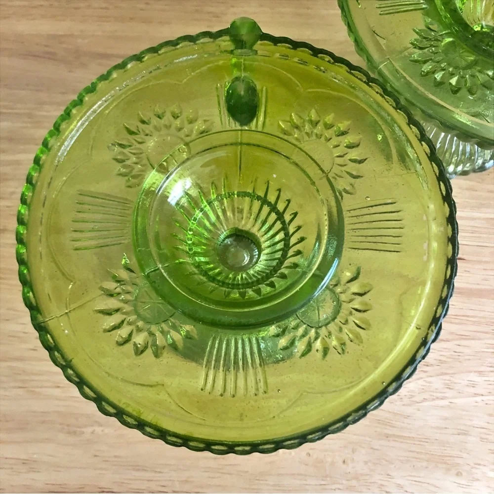 Pier 1 Imports Green Pressed Glass Chambersticks Taper Candlestick Holders Set 2